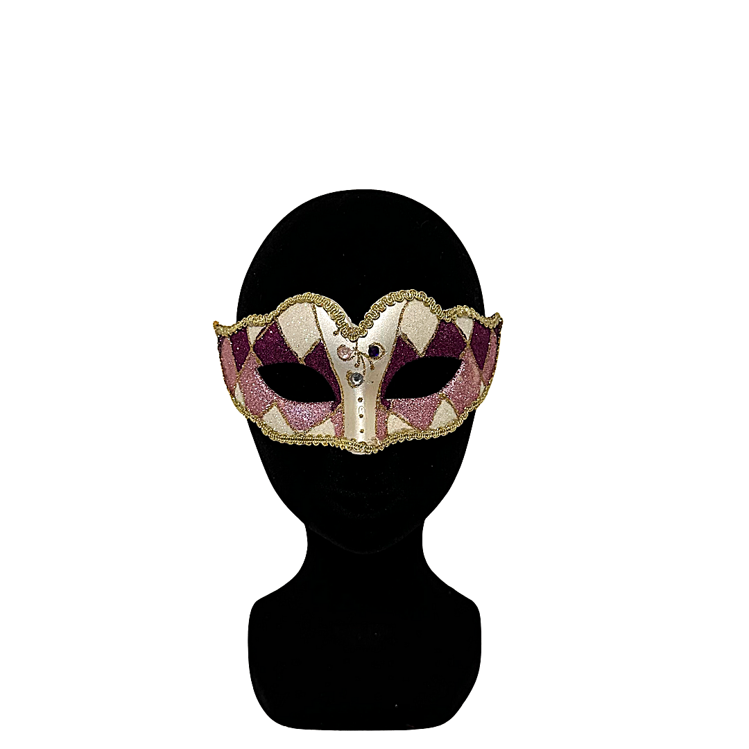 Masque carnaval arlequin contour doré rose et violet